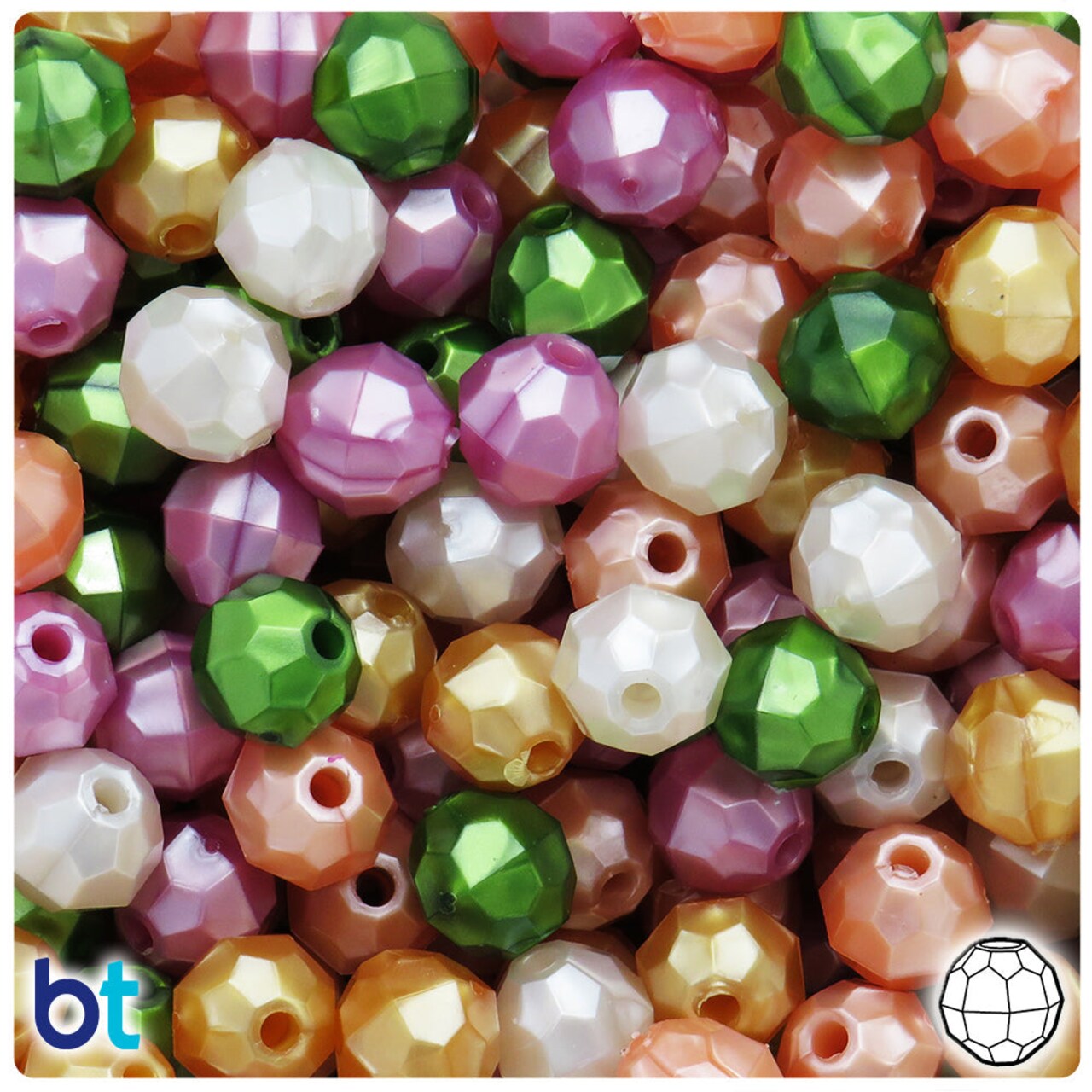BeadTin Warm Pearl Mix 10mm Faceted Round Plastic Craft Beads (225pcs)